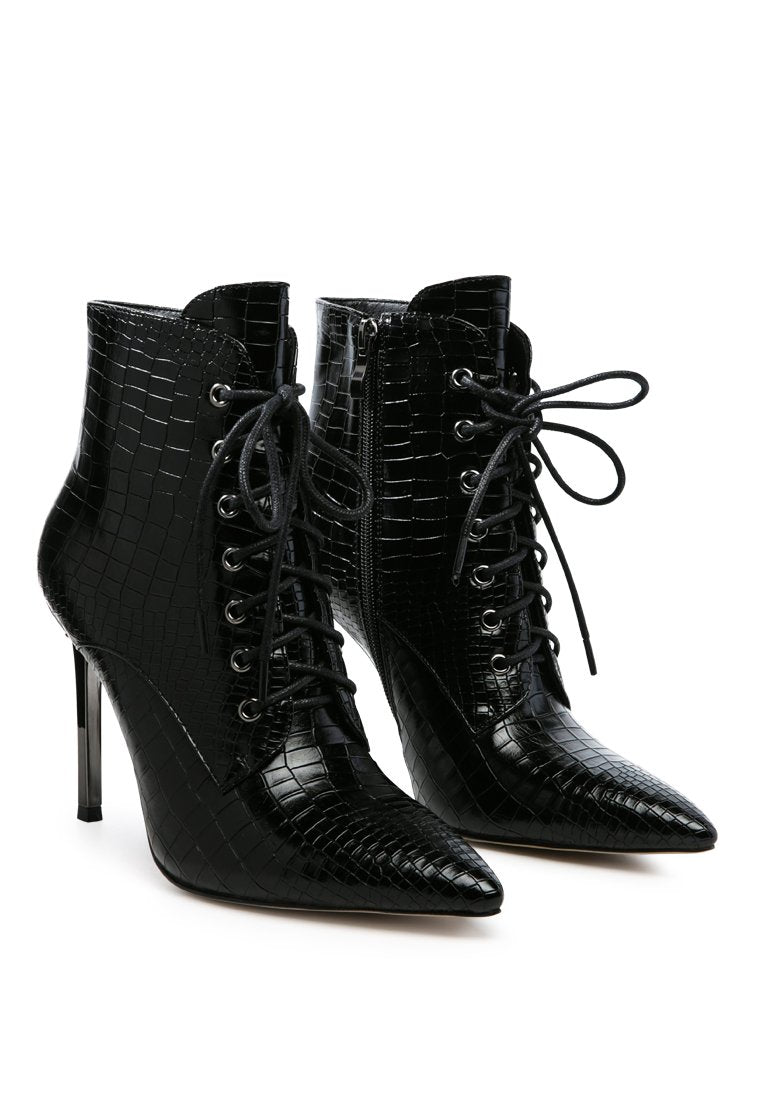 Escala Croc Stiletto Ankle Boots featuring a lace-up design and shiny stiletto heels, crafted from croc textured faux leather.