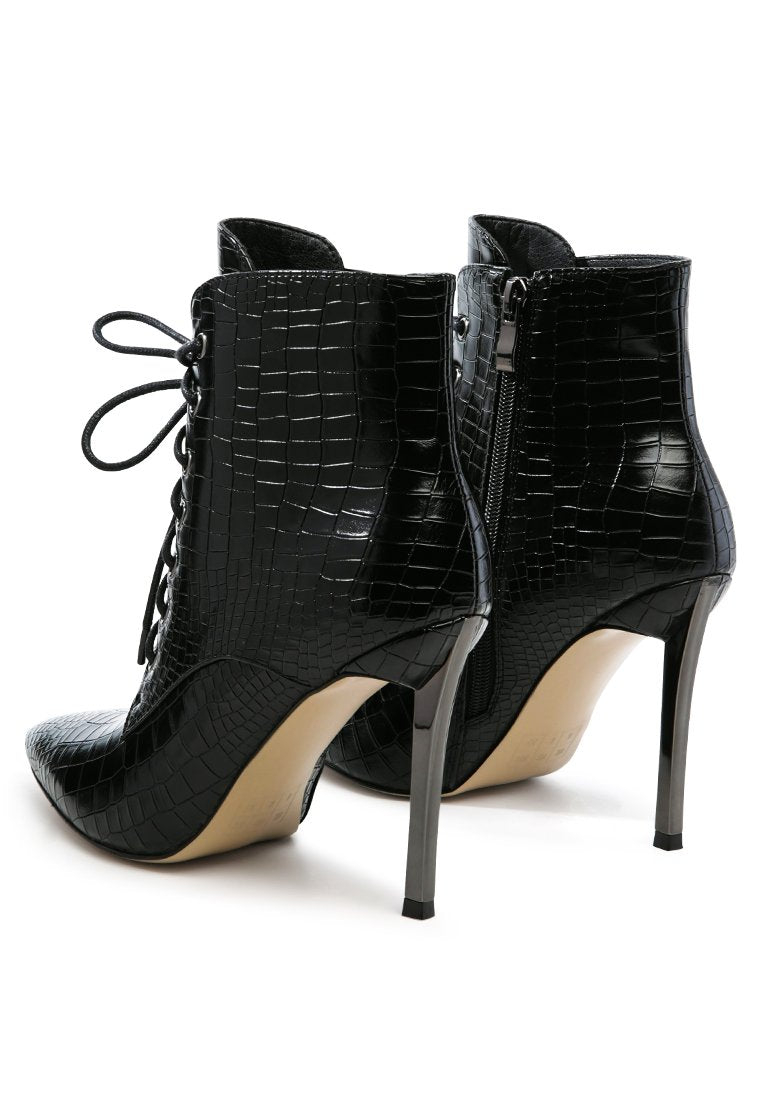 Escala Croc Stiletto Ankle Boots featuring a lace-up design and shiny stiletto heels, crafted from croc textured faux leather.