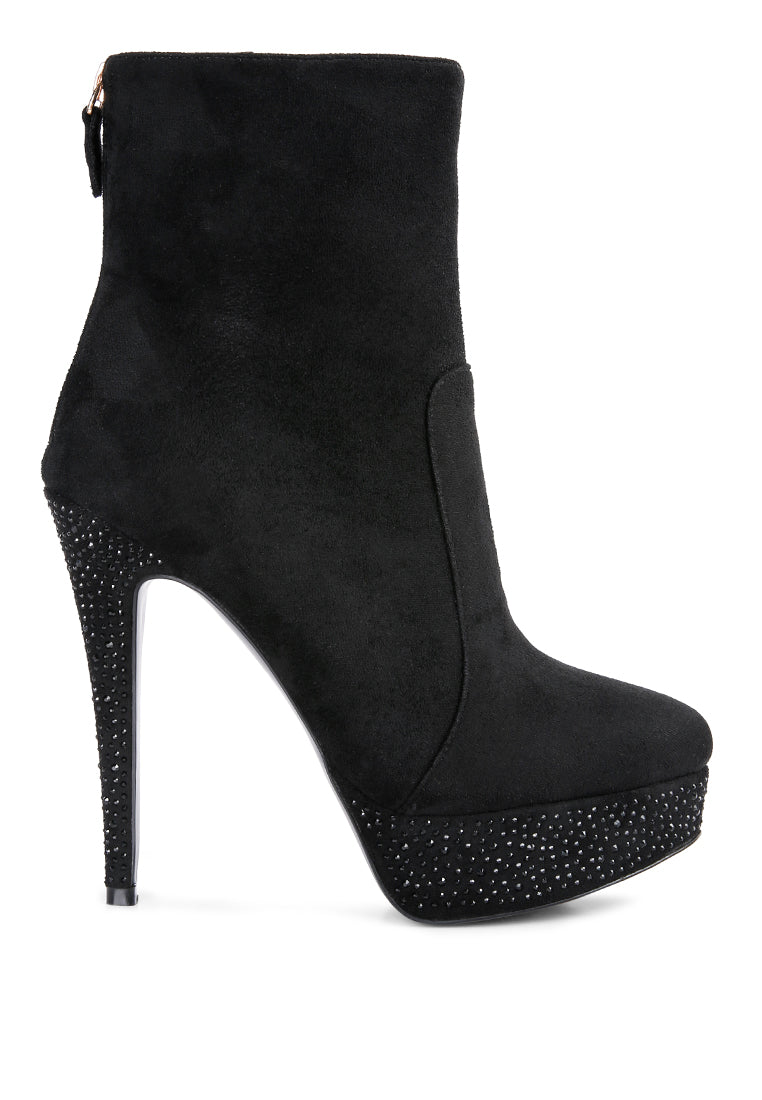 Espiree Microfiber High Heeled Ankle Boots with rhinestone detailing and back zipper, showcasing stylish design and comfort.