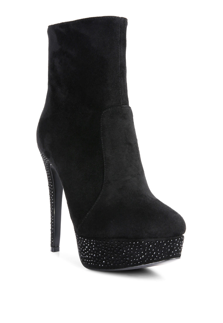 Espiree Microfiber High Heeled Ankle Boots with rhinestone detailing and back zipper, showcasing stylish design and comfort.