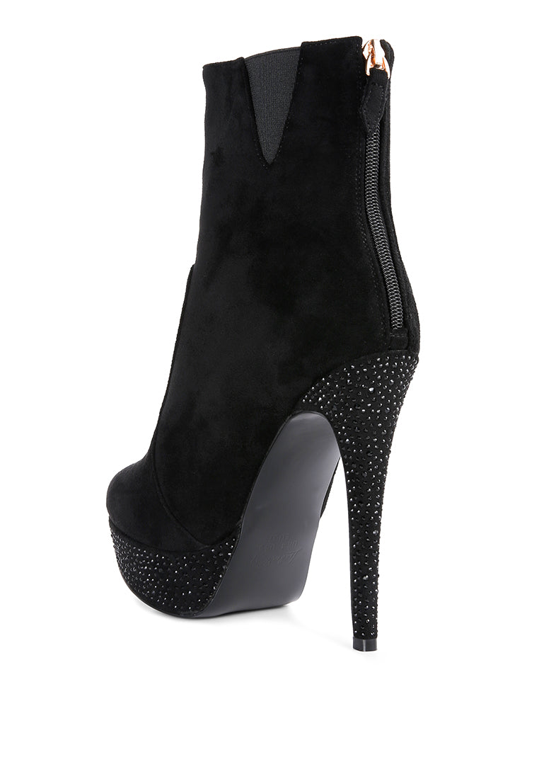 Espiree Microfiber High Heeled Ankle Boots with rhinestone detailing and back zipper, showcasing stylish design and comfort.