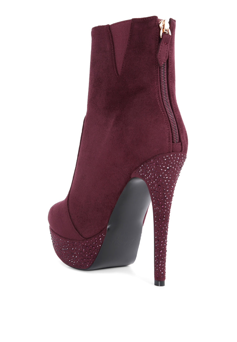 Espiree Microfiber High Heeled Ankle Boots with rhinestone detailing and back zipper, showcasing stylish design and comfort.