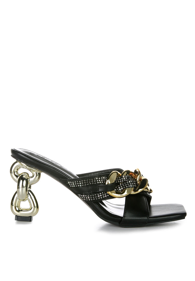 Evelane Metallic Chain Rhinestone Sandals featuring golden chain detail and diamante embellishments, perfect for casual and partywear.