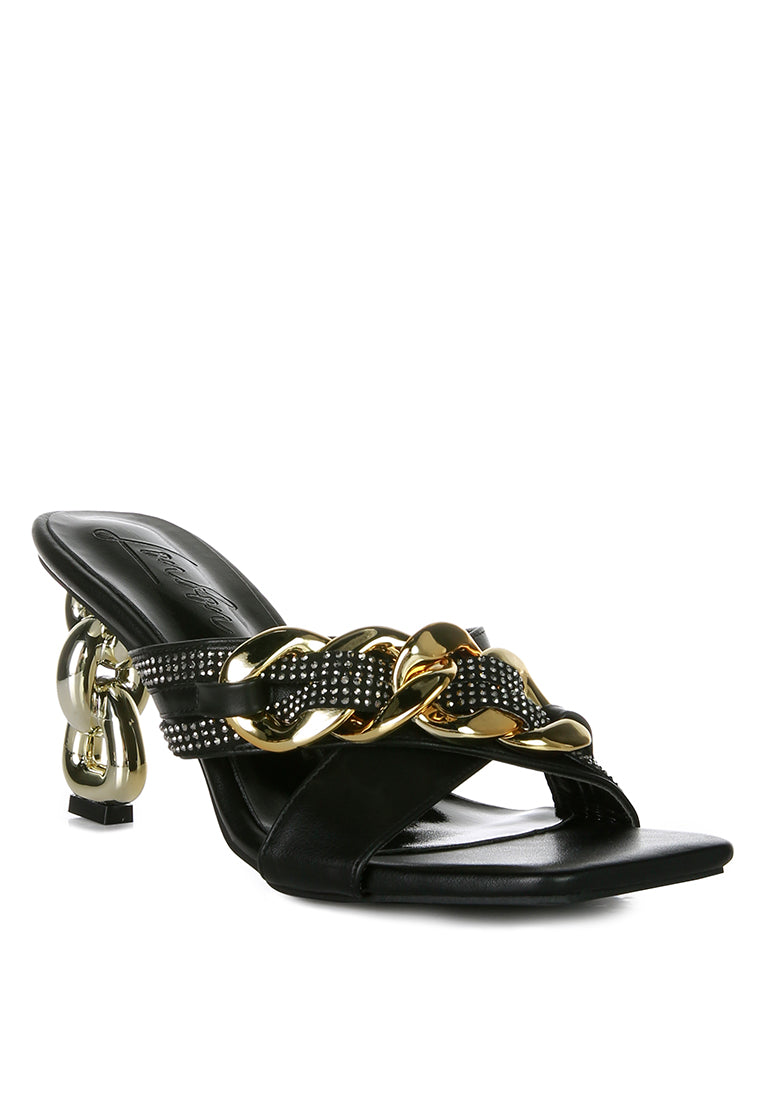 Evelane Metallic Chain Rhinestone Sandals featuring golden chain detail and diamante embellishments, perfect for casual and partywear.