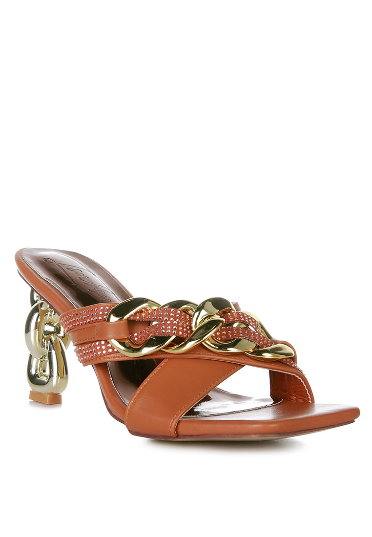 Evelane Metallic Chain Rhinestone Sandals featuring golden chain detail and diamante embellishments, perfect for casual and partywear.