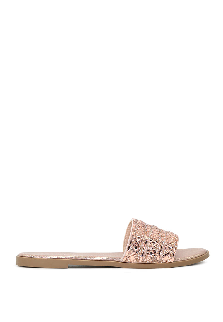 Evin Mirror Embellished Flat Sliders showcasing stylish design with mirror embellishments and comfortable flat sole.