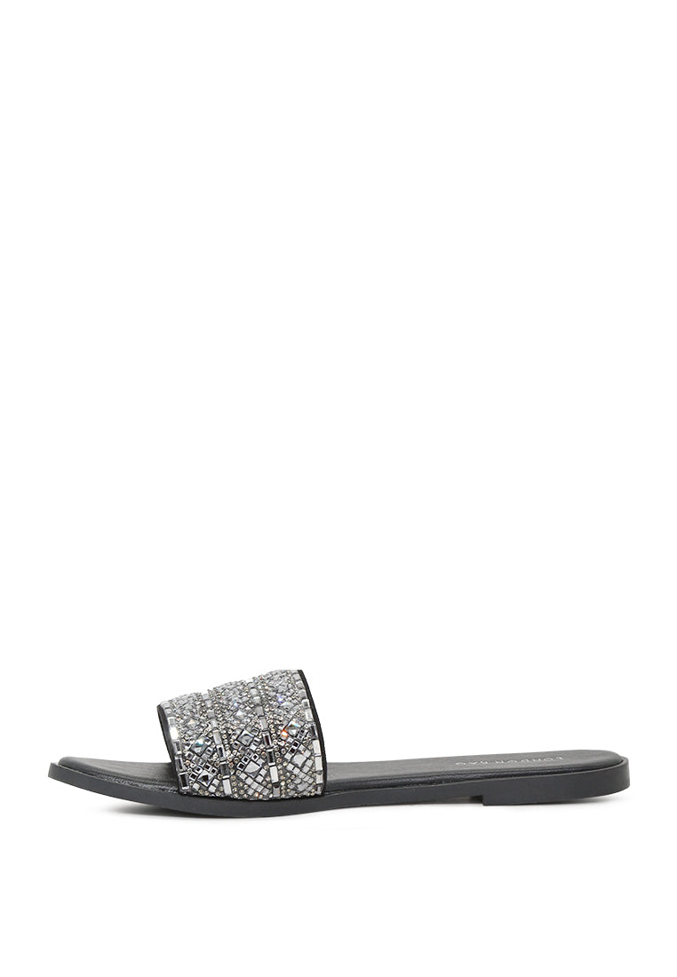 Evin Mirror Embellished Flat Sliders showcasing stylish design with mirror embellishments and comfortable flat sole.