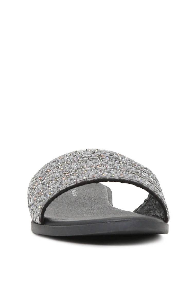 Evin Mirror Embellished Flat Sliders showcasing stylish design with mirror embellishments and comfortable flat sole.