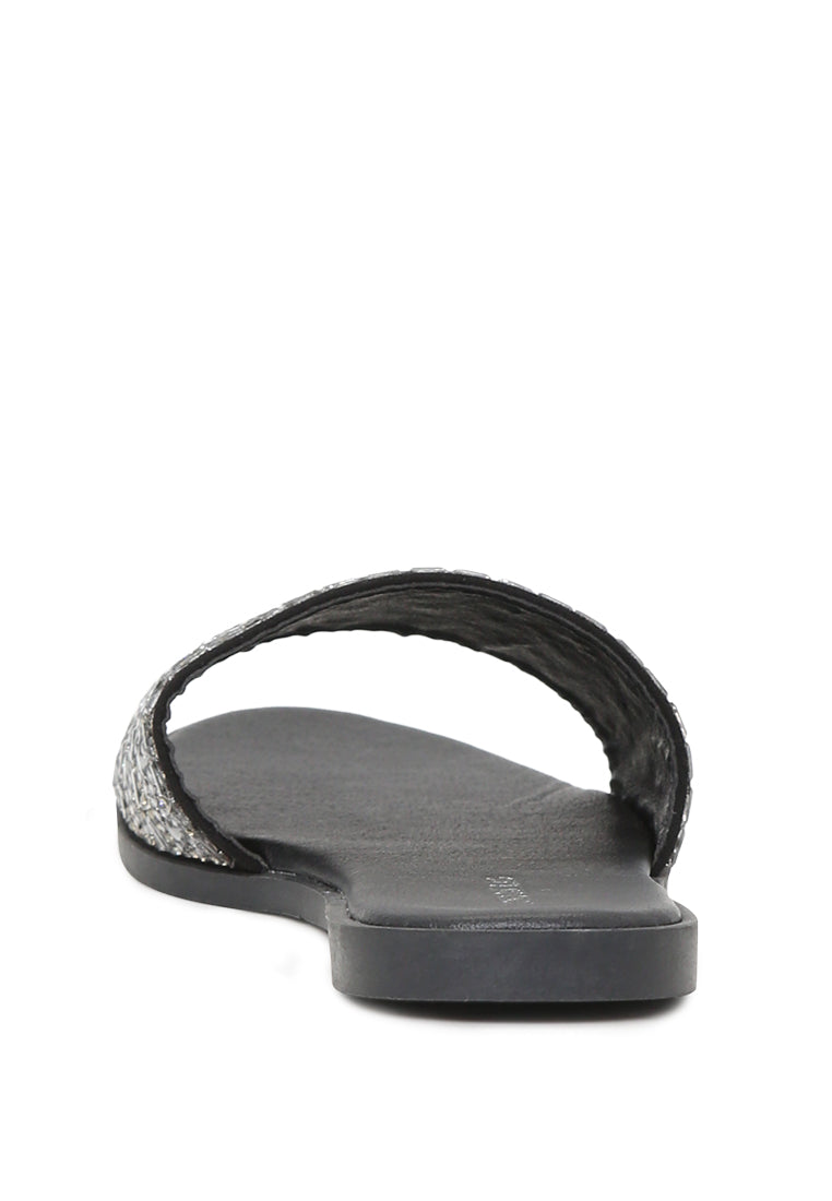 Evin Mirror Embellished Flat Sliders showcasing stylish design with mirror embellishments and comfortable flat sole.