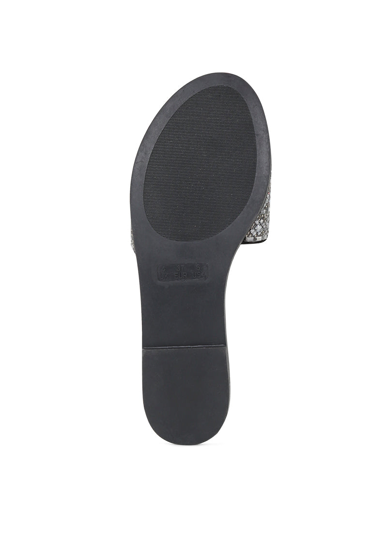 Evin Mirror Embellished Flat Sliders showcasing stylish design with mirror embellishments and comfortable flat sole.