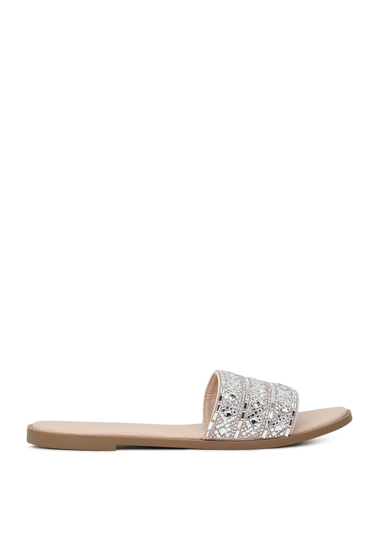 Evin Mirror Embellished Flat Sliders showcasing stylish design with mirror embellishments and comfortable flat sole.