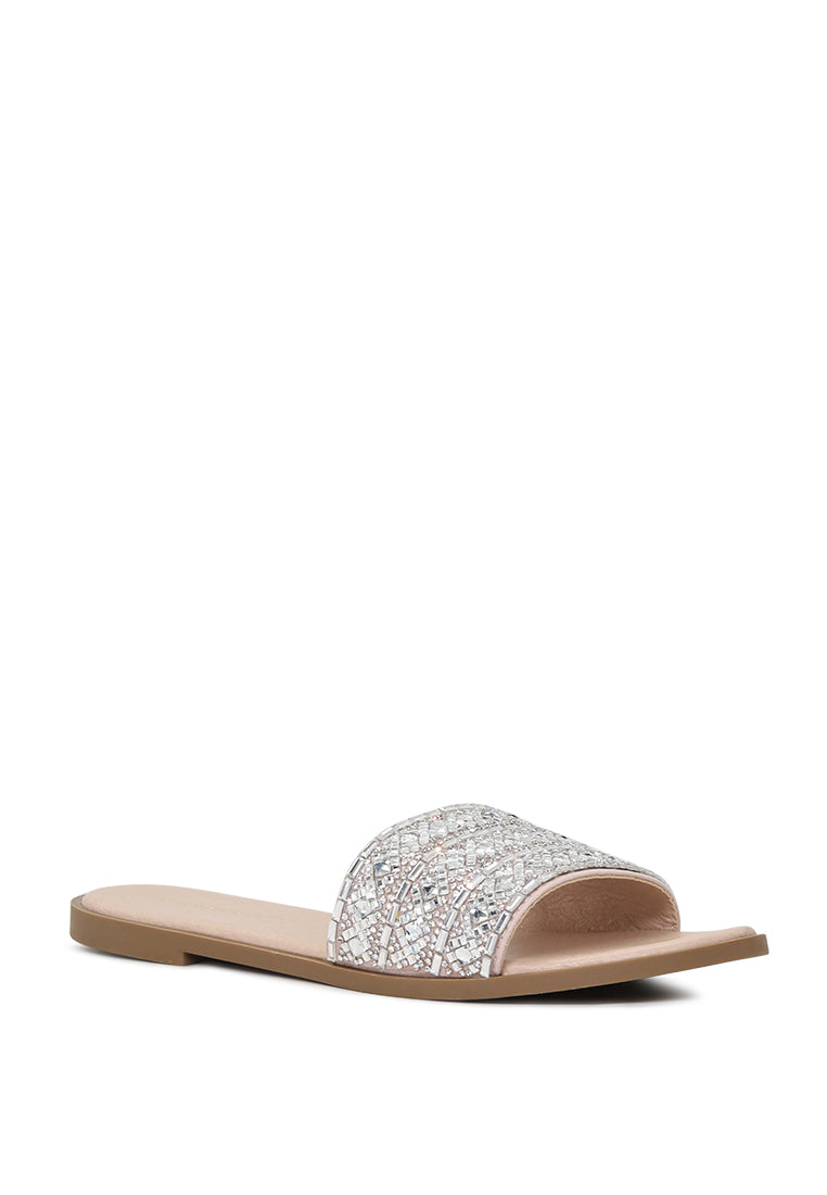 Evin Mirror Embellished Flat Sliders showcasing stylish design with mirror embellishments and comfortable flat sole.