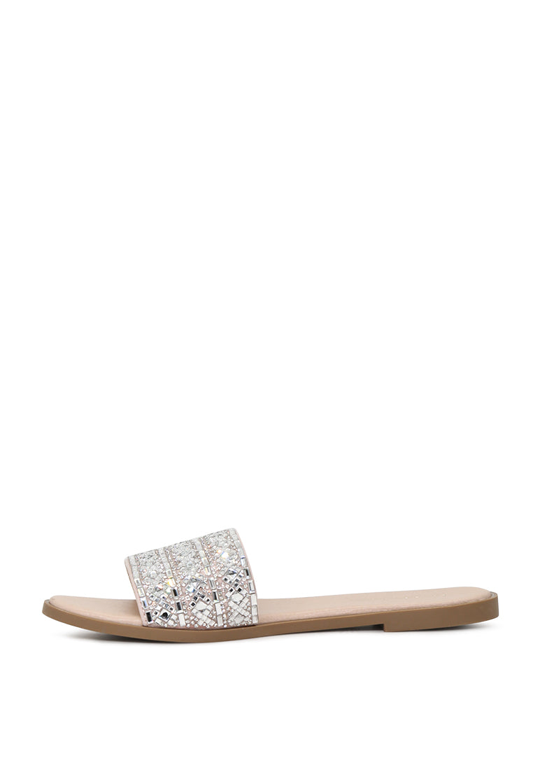 Evin Mirror Embellished Flat Sliders showcasing stylish design with mirror embellishments and comfortable flat sole.