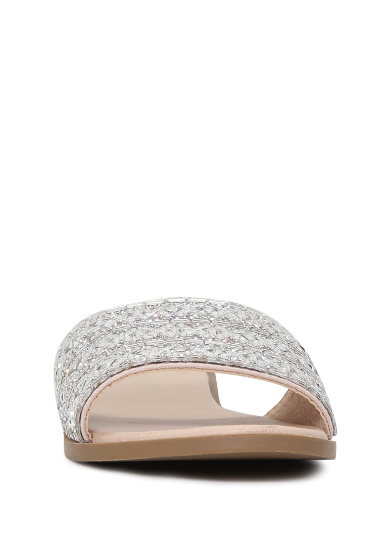 Evin Mirror Embellished Flat Sliders showcasing stylish design with mirror embellishments and comfortable flat sole.