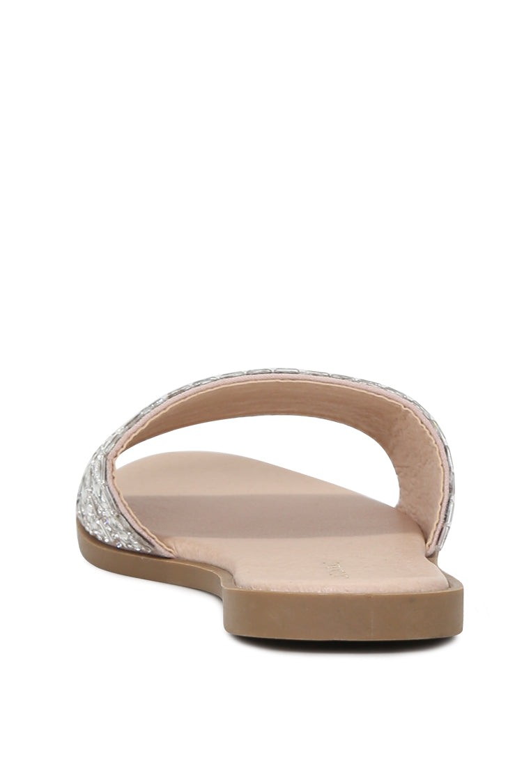 Evin Mirror Embellished Flat Sliders showcasing stylish design with mirror embellishments and comfortable flat sole.