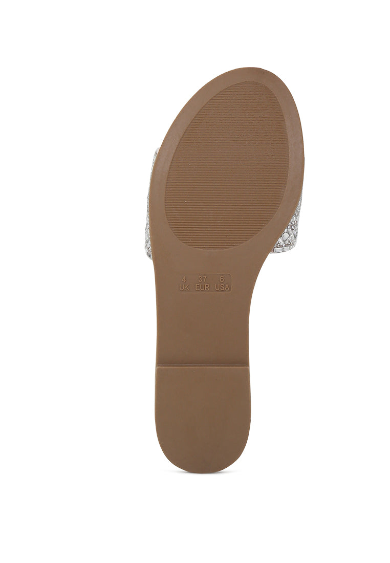 Evin Mirror Embellished Flat Sliders showcasing stylish design with mirror embellishments and comfortable flat sole.