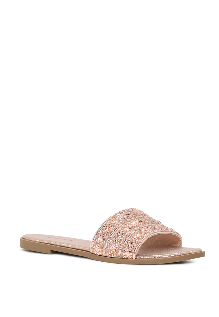 Evin Mirror Embellished Flat Sliders showcasing stylish design with mirror embellishments and comfortable flat sole.