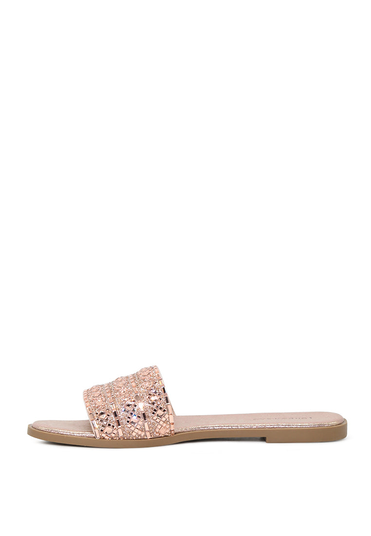 Evin Mirror Embellished Flat Sliders showcasing stylish design with mirror embellishments and comfortable flat sole.