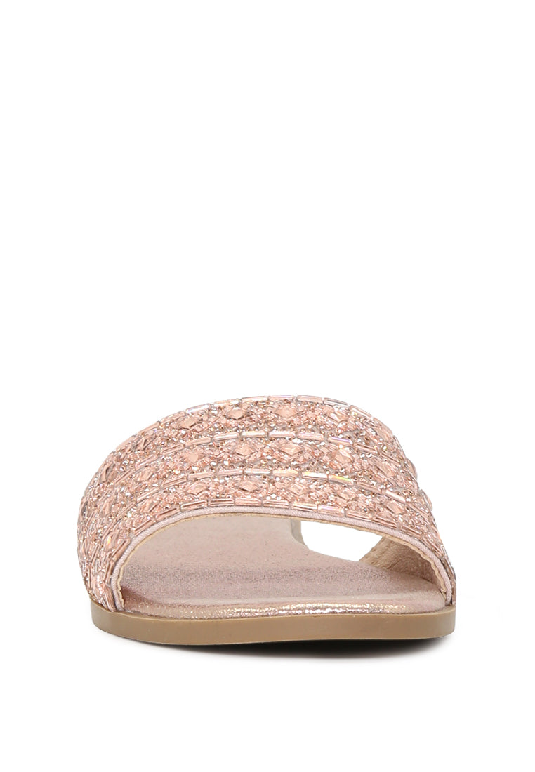 Evin Mirror Embellished Flat Sliders showcasing stylish design with mirror embellishments and comfortable flat sole.