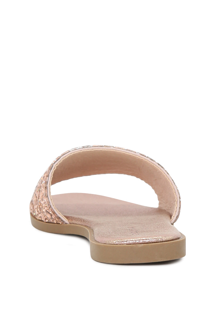 Evin Mirror Embellished Flat Sliders showcasing stylish design with mirror embellishments and comfortable flat sole.