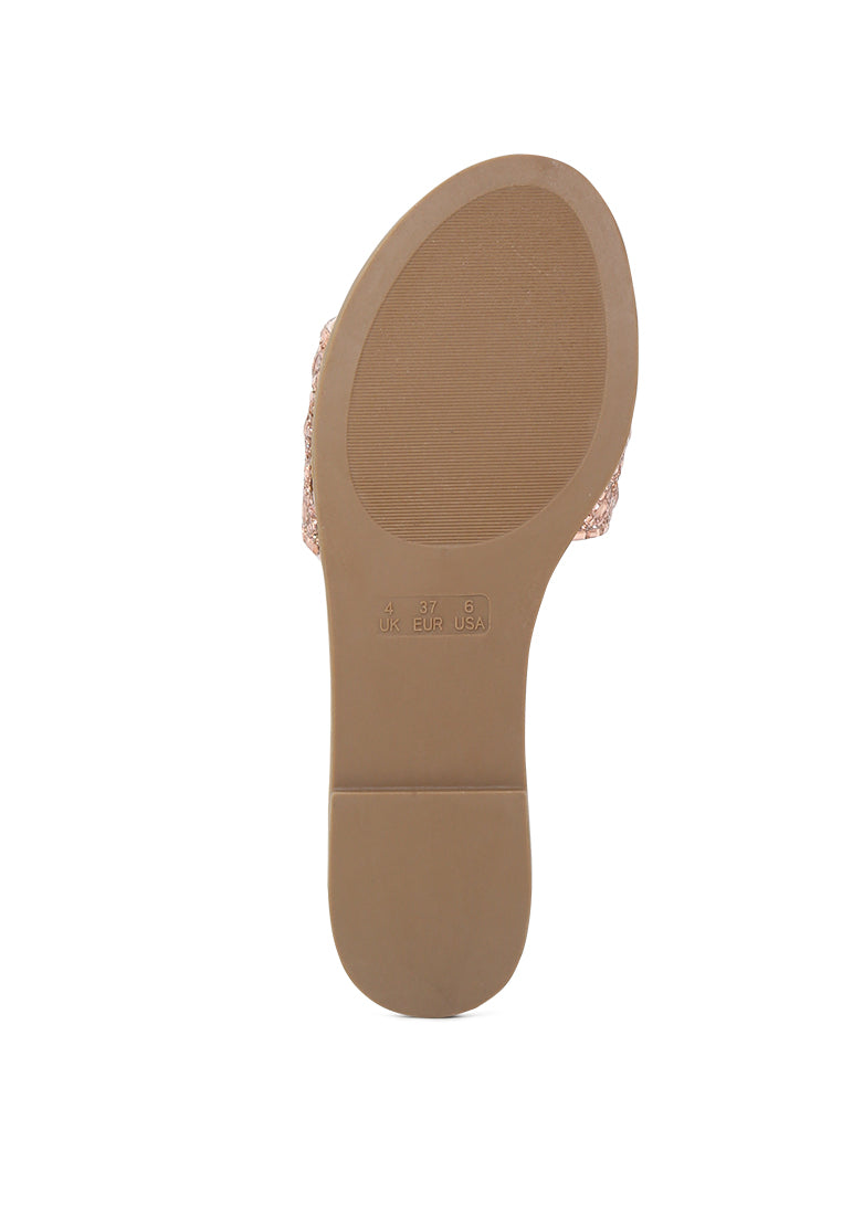 Evin Mirror Embellished Flat Sliders showcasing stylish design with mirror embellishments and comfortable flat sole.