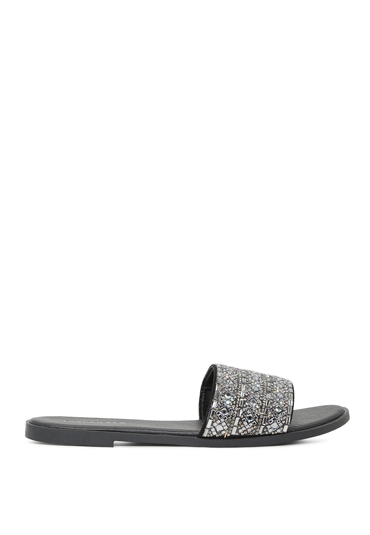 Evin Mirror Embellished Flat Sliders showcasing stylish design with mirror embellishments and comfortable flat sole.