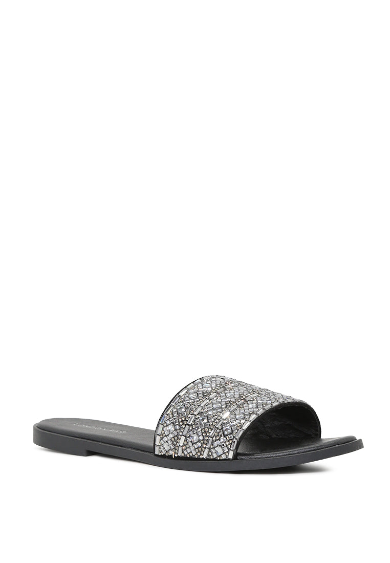 Evin Mirror Embellished Flat Sliders showcasing stylish design with mirror embellishments and comfortable flat sole.