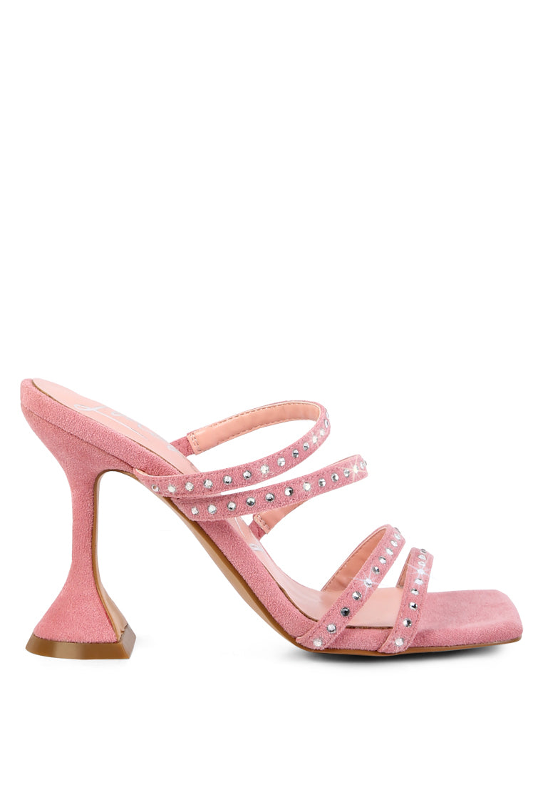 Face Me Studded Spool Heel Multi Strap Sandals featuring an open square toe and studded multi-strap design in various colors.