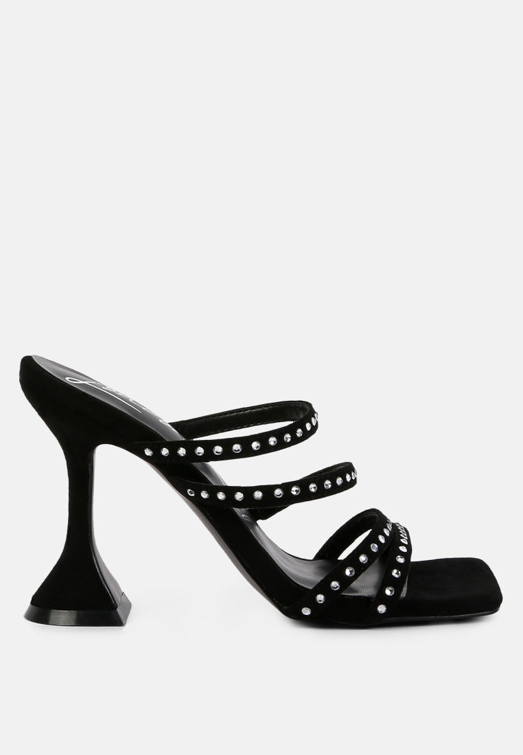 Face Me Studded Spool Heel Multi Strap Sandals featuring an open square toe and studded multi-strap design in various colors.