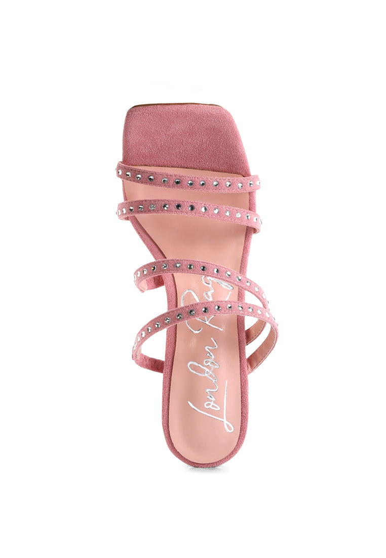 Face Me Studded Spool Heel Multi Strap Sandals featuring an open square toe and studded multi-strap design in various colors.