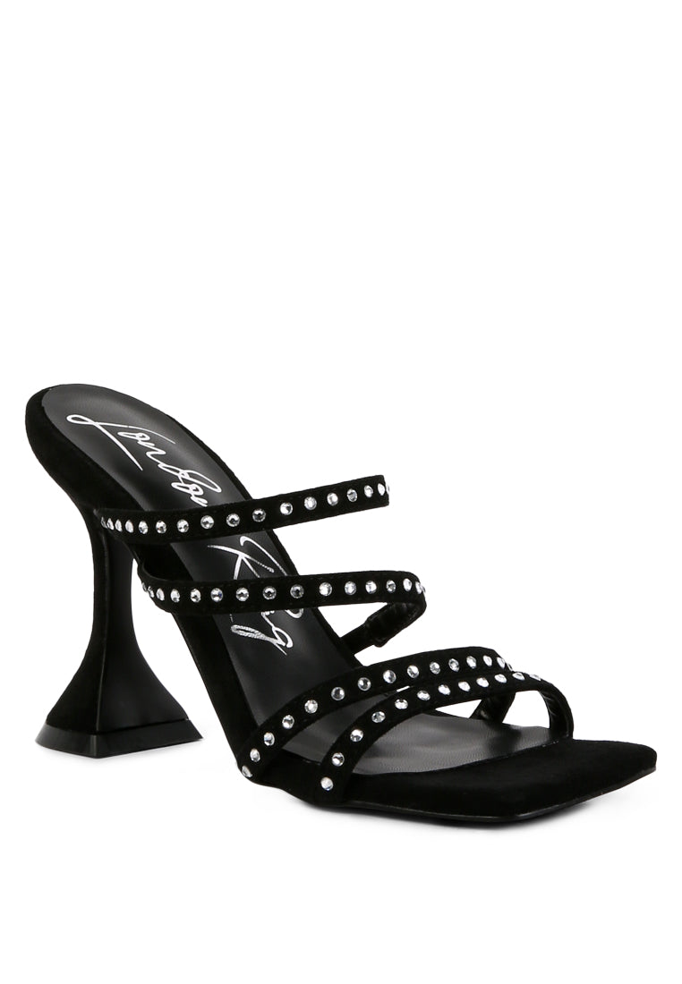 Face Me Studded Spool Heel Multi Strap Sandals featuring an open square toe and studded multi-strap design in various colors.