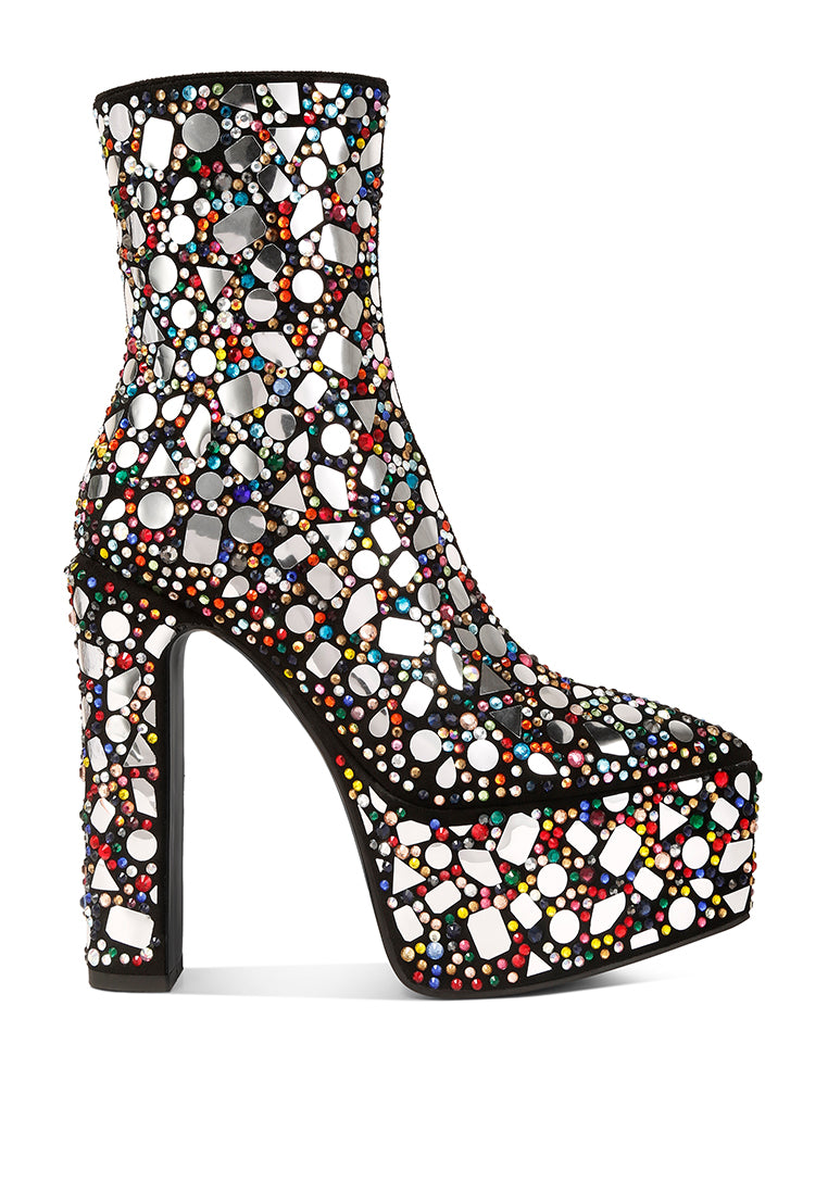 Fancy Mirror Embellished Platform High Heel Boots featuring rhinestones and faux suede material, showcasing a high block heel and closed pointed toe.