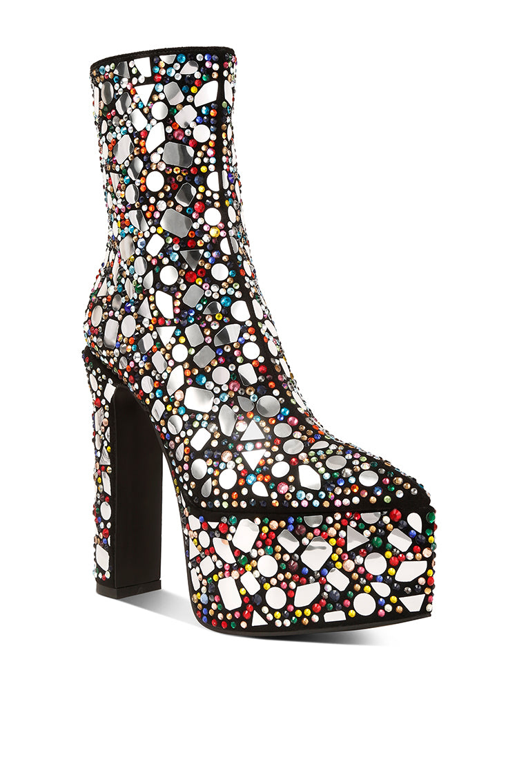 Fancy Mirror Embellished Platform High Heel Boots featuring rhinestones and faux suede material, showcasing a high block heel and closed pointed toe.