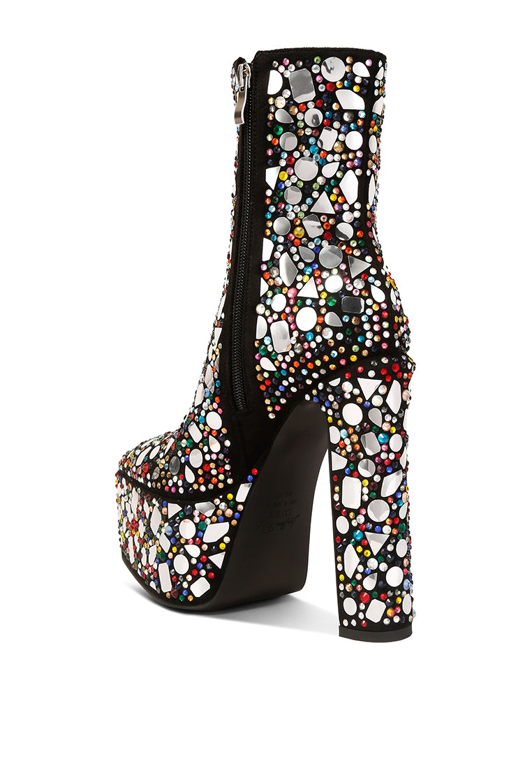 Fancy Mirror Embellished Platform High Heel Boots featuring rhinestones and faux suede material, showcasing a high block heel and closed pointed toe.