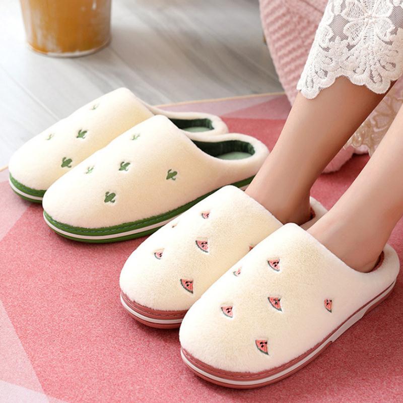 Fashion Fruit Indoor Slippers for Women featuring banana and cherry designs, plush material, and anti-slip sole, perfect for cozy indoor wear.