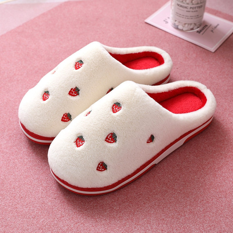 Fashion Fruit Indoor Slippers for Women featuring banana and cherry designs, plush material, and anti-slip sole, perfect for cozy indoor wear.