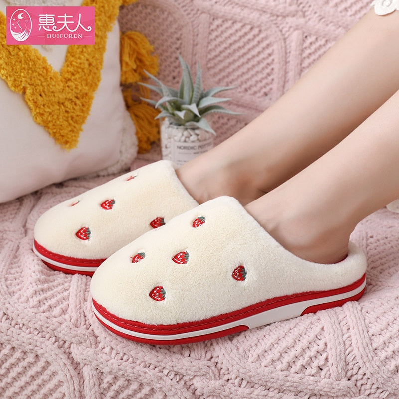 Fashion Fruit Indoor Slippers for Women featuring banana and cherry designs, plush material, and anti-slip sole, perfect for cozy indoor wear.