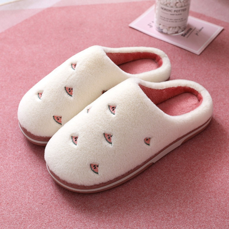 Fashion Fruit Indoor Slippers for Women featuring banana and cherry designs, plush material, and anti-slip sole, perfect for cozy indoor wear.