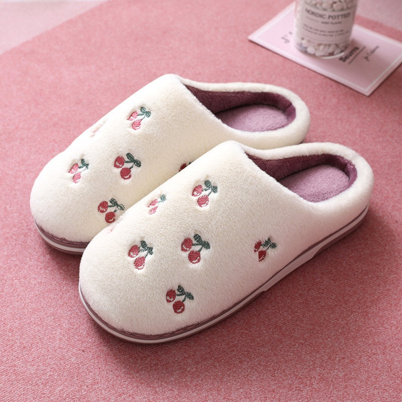 Fashion Fruit Indoor Slippers for Women featuring banana and cherry designs, plush material, and anti-slip sole, perfect for cozy indoor wear.