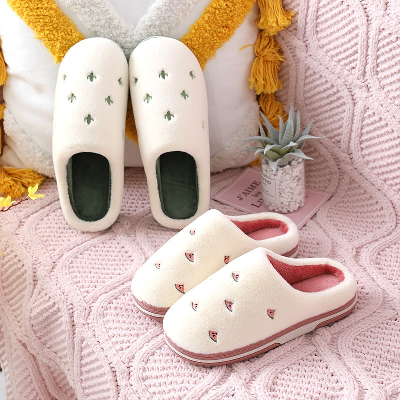 Fashion Fruit Indoor Slippers for Women featuring banana and cherry designs, plush material, and anti-slip sole, perfect for cozy indoor wear.