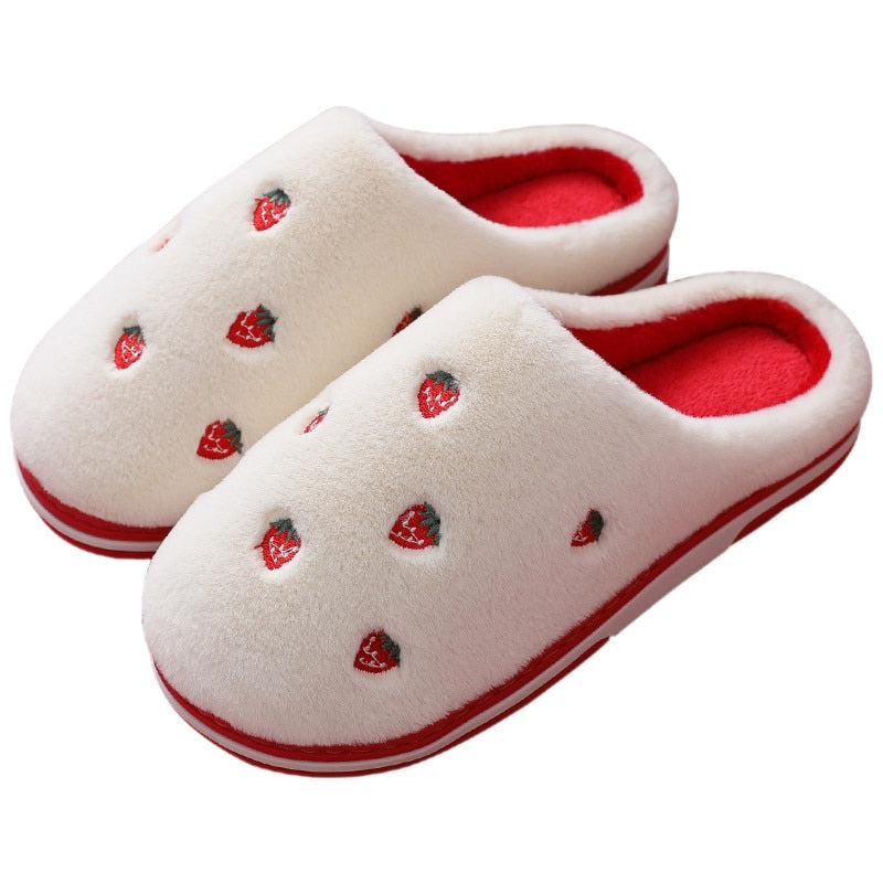 Fashion Fruit Indoor Slippers for Women featuring banana and cherry designs, plush material, and anti-slip sole, perfect for cozy indoor wear.