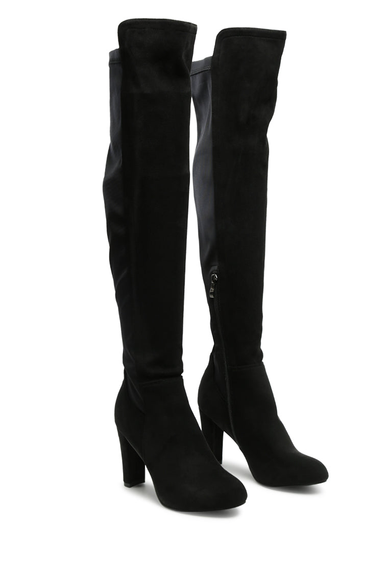 Fauna Knee High Block Heeled Boots in sleek black suede with almond toe and side zipper.