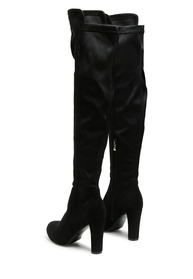 Fauna Knee High Block Heeled Boots in sleek black suede with almond toe and side zipper.