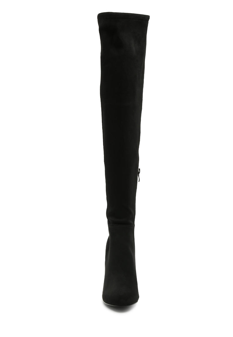 Fauna Knee High Block Heeled Boots in sleek black suede with almond toe and side zipper.