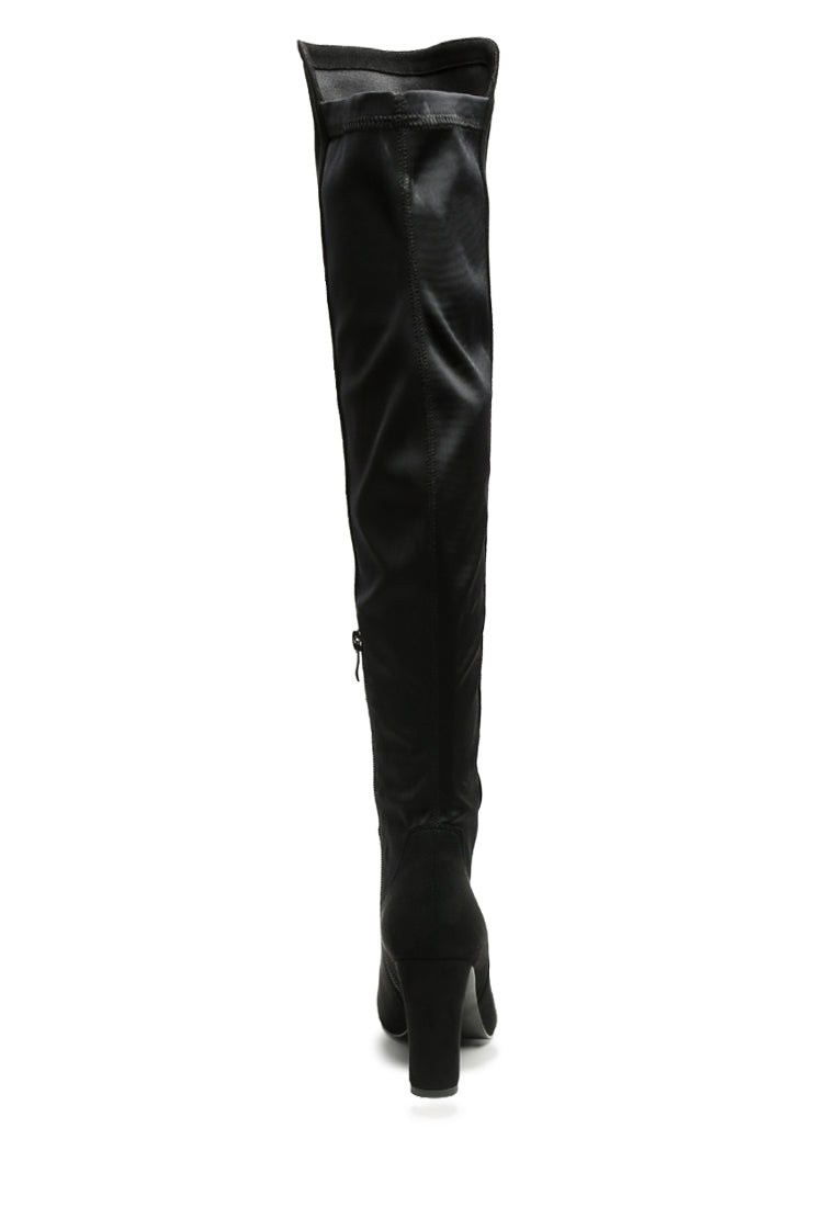 Fauna Knee High Block Heeled Boots in sleek black suede with almond toe and side zipper.