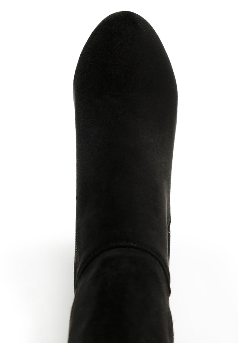 Fauna Knee High Block Heeled Boots in sleek black suede with almond toe and side zipper.