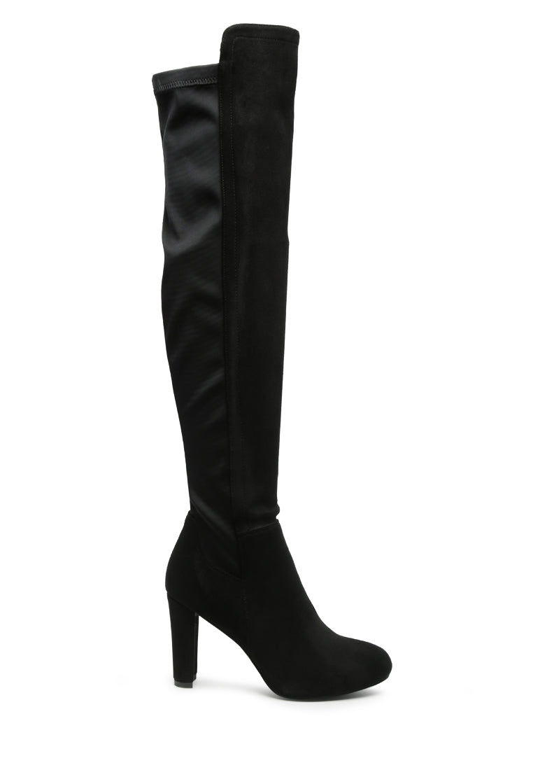 Fauna Knee High Block Heeled Boots in sleek black suede with almond toe and side zipper.