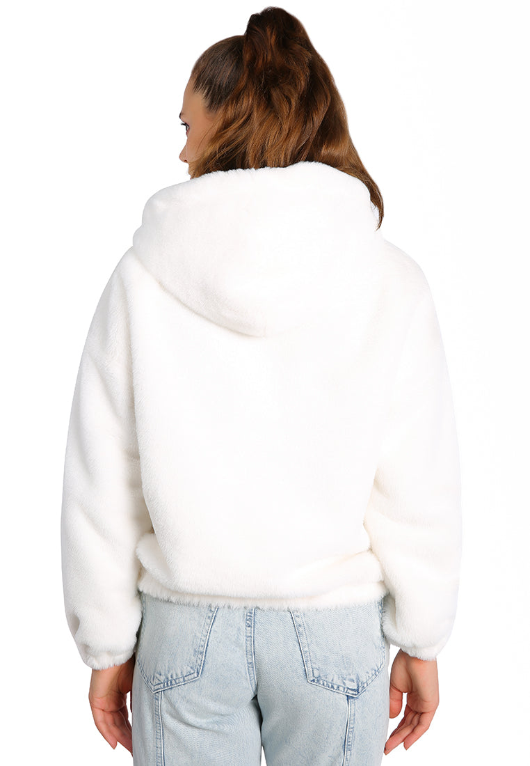 A stylish Faux Fur Long Sleeve Hoodie Jacket in soft velvet, featuring full sleeves, a hood, and two side pockets, perfect for winter wear.