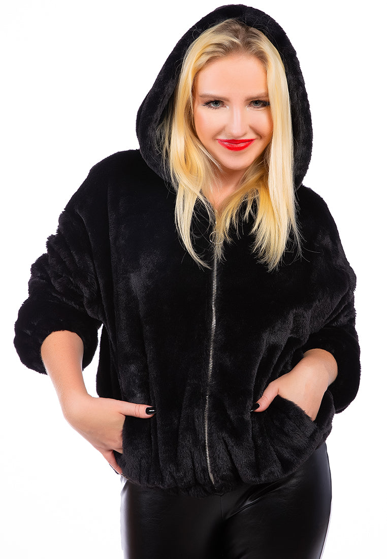 A stylish Faux Fur Long Sleeve Hoodie Jacket in soft velvet, featuring full sleeves, a hood, and two side pockets, perfect for winter wear.