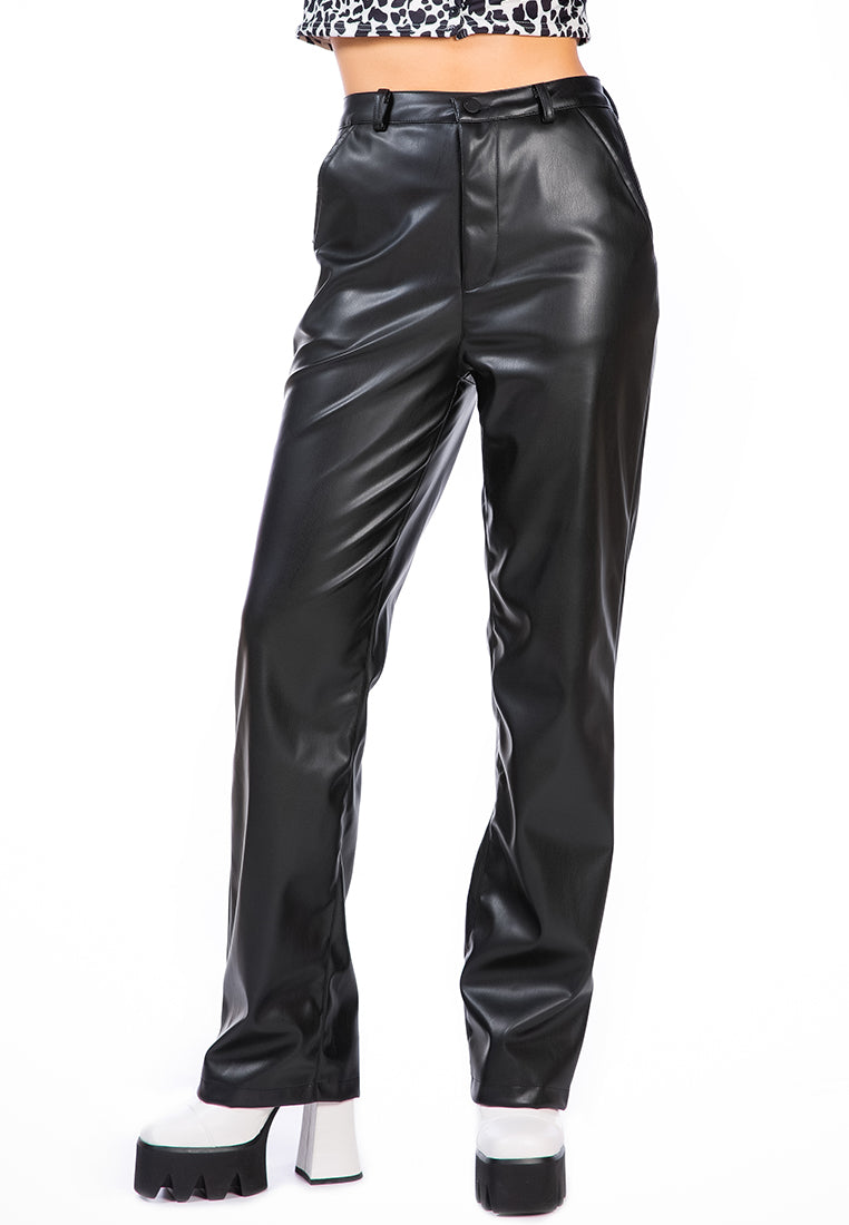 Faux Leather High Waist Straight Trousers displayed on a mannequin, showcasing the sleek design and functional pockets.